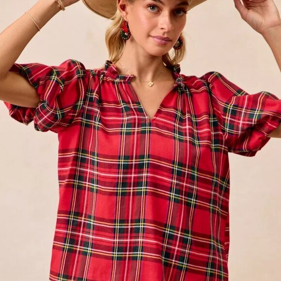 BiBi Christmas Plaid Short Sleeves Ruffled Blouse - Picture 3 of 11